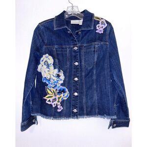 Chico's Floral Applique Denim Jeans Jacket Size Small Petite (0P) Raw Hem